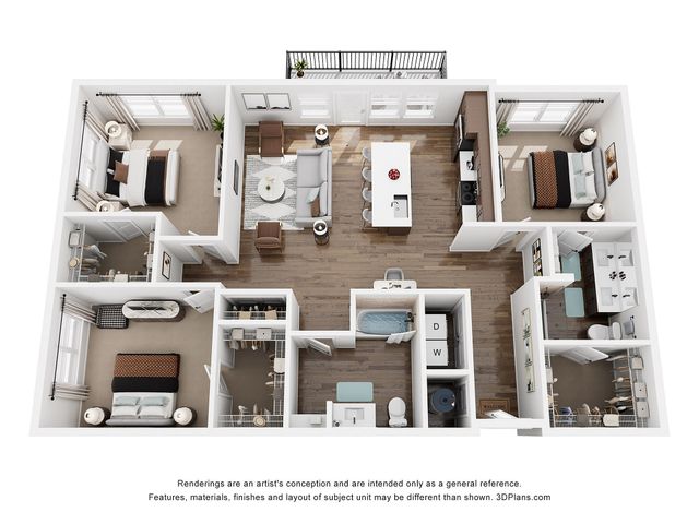 Chic 3D floor plan showcasing a spacious layout with 3 bedrooms, a modern open-plan living area, and a sleek kitchen with an island.