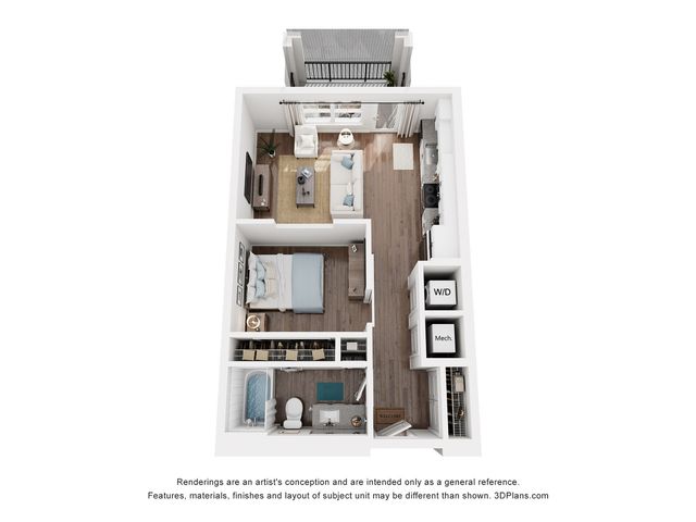 Modern 3D floor plan showcasing a stylish one-bedroom apartment with an open-concept living area, contemporary kitchen, and private balcony.
