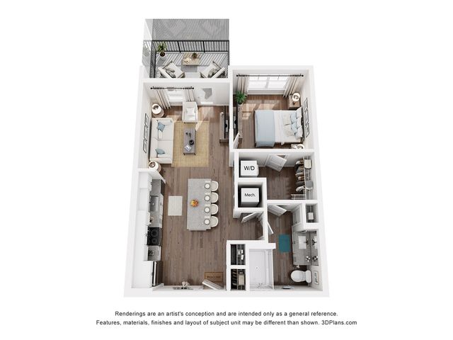Modern 3D apartment floor plan showcasing a spacious 1-bedroom layout with an open-concept living room, stylish kitchen with island seating, and a cozy balcony for relaxation.