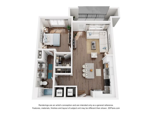 Modern open-concept apartment floor plan with one spacious bedroom, a bright living room, sleek kitchen island, and large balcony space.