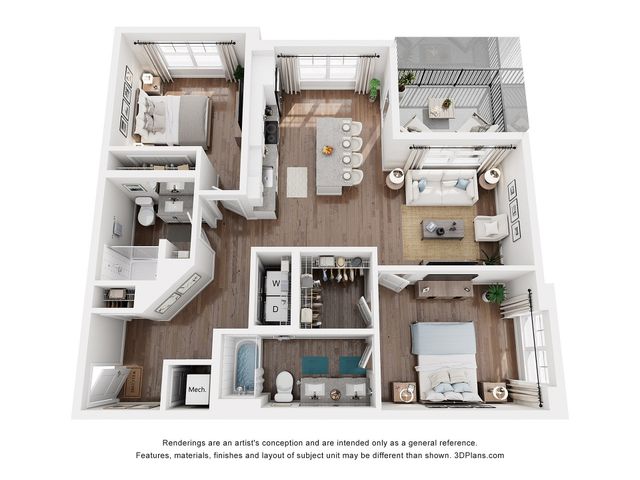 Modern 3D apartment floor plan showcasing 2 spacious bedrooms, an open kitchen with island, a cozy living area, chic dining space, and a stylish balcony.