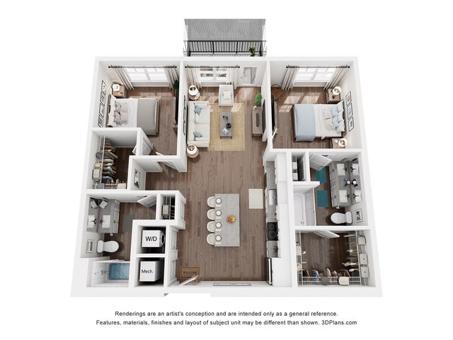 Modern 3D floor plan showcasing 2 stylish bedrooms, spacious living area, and sleek kitchen, with an inviting balcony view.