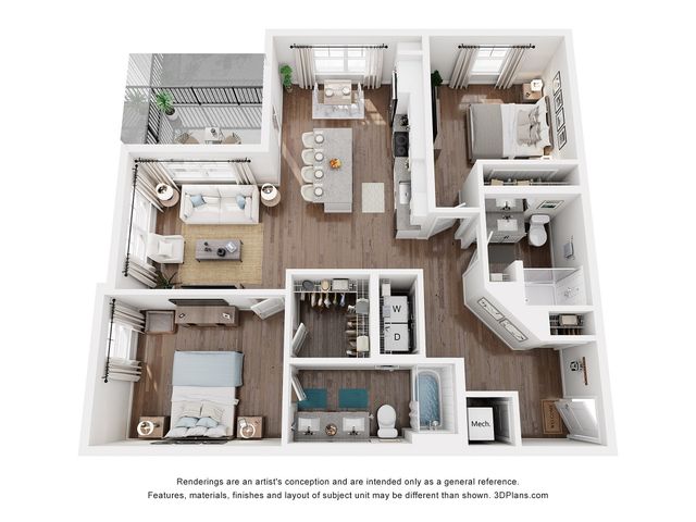 Chic 3D floor plan featuring 2 bedrooms, modern kitchen with breakfast bar, and cozy living area opening to a private balcony.