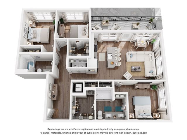 Chic 3D floor plan showcasing a modern apartment with 3 bedrooms, open living area, stylish kitchen with island, and balcony space.