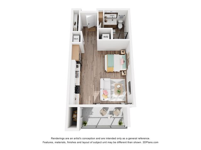 Modern 3D floor plan showcasing a cozy studio apartment with an inviting living space, compact kitchen, and stylish bathroom.