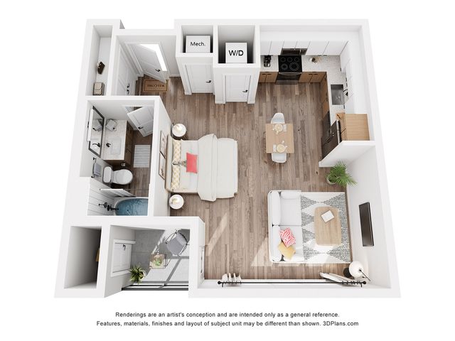 Chic 3D floor plan showcasing an open-concept 1-bedroom apartment with modern kitchen, cozy living area, and stylish bathroom.