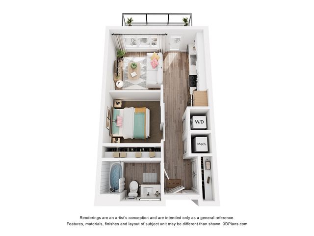Chic floor plan showcasing a cozy one-bedroom apartment with an inviting living area, modern kitchen, spacious bathroom, and balcony view.
