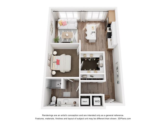 Chic 3D floor plan showcasing 1 bedroom, modern kitchen, and cozy living area with refined interiors.