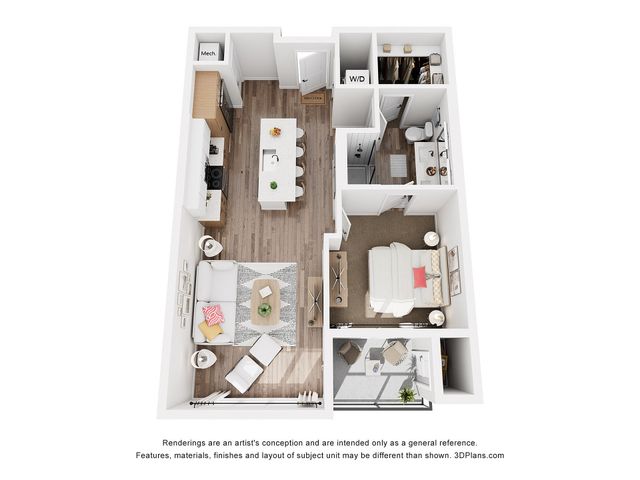 Chic 3D apartment floor plan showcasing a contemporary 1-bedroom layout with an open-concept living room, modern kitchen, and cozy bedroom with ensuite bathroom.