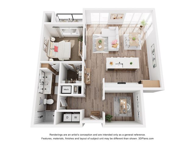 Chic open-concept apartment floor plan showcasing a single bedroom, modern kitchen, cozy living area, and stylish dining space.