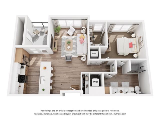 Modern 1-bedroom apartment floor plan with an open-concept kitchen, cozy living room, and private balcony in stylish layout.