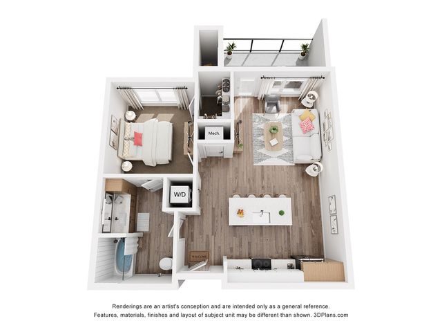 Modern floor plan showcasing a cozy one-bedroom apartment with an open living area, sleek kitchen island, stylish bathroom, and balcony access.
