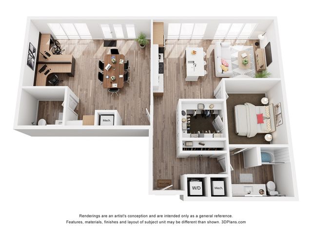Modern 3D floor plan featuring a cozy bedroom, stylish open-plan living area, home office, and spacious kitchen with dining area. Elegant layout with an inviting atmosphere.