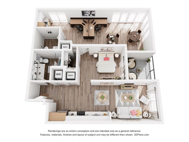 Chic 3D floor plan featuring a cozy bedroom, modern kitchen, stylish office space, and inviting living area with balcony access.