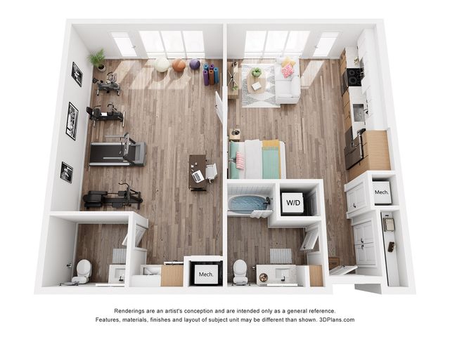 Modern 3D floor plan featuring a stylish studio apartment with a home gym, cozy living area, compact kitchen, and convenient laundry space.
