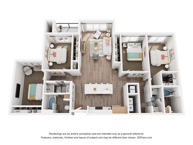 Elegant 3D floor plan showcasing a stylish apartment with three bedrooms, an open living area, and a modern kitchen, perfect for comfortable living.