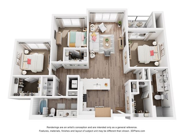 Modern 3D floor plan showcasing 3 bedrooms, a sleek open kitchen with island, cozy living room, and stylish bathrooms.