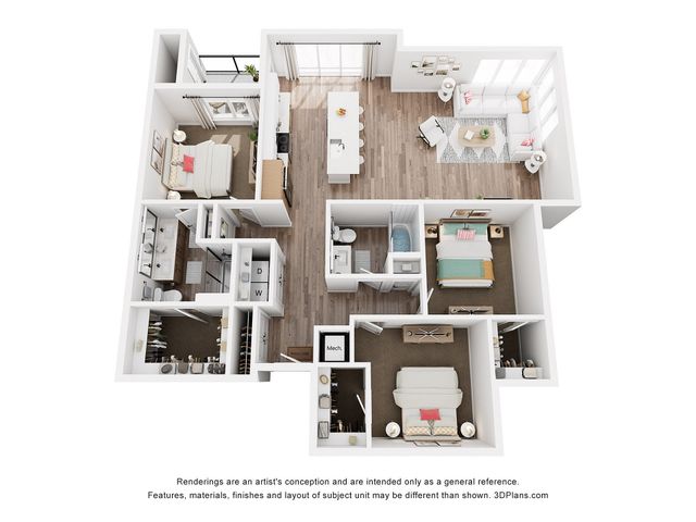 Modern 3D floor plan showcasing a luxurious 3-bedroom apartment with open living space, stylish kitchen, and elegant bathrooms.