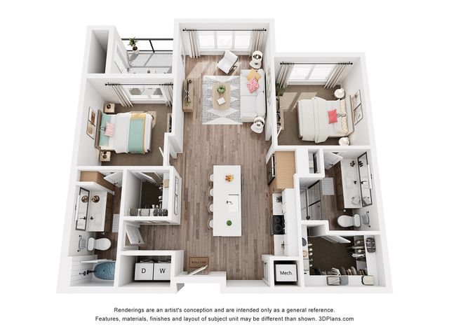 Modern 2-bedroom apartment floor plan with bright living area, elegant kitchen island, and private balcony.