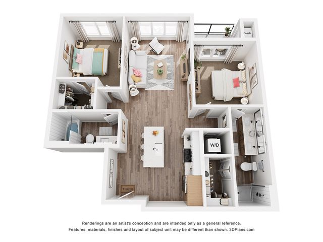 Bright 3D floor plan showcasing 2 bedrooms, modern kitchen with island, and inviting living space. Includes 2 bathrooms and laundry area.