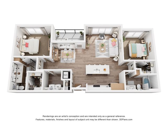 Modern 3D floor plan showcasing a chic 2-bedroom apartment with open-concept living and dining area, stylish kitchen with island, and two elegant bathrooms.