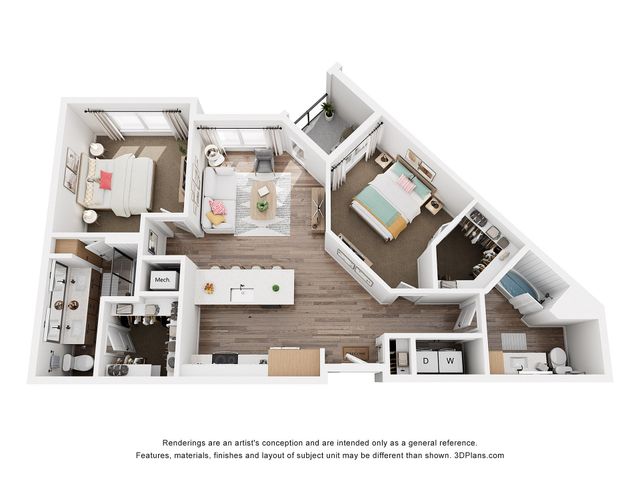 Modern 2-bedroom apartment floor plan with open-concept living area, stylish kitchen island, and spacious walk-in closets.