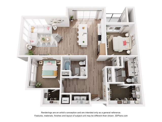 Chic 3D floor plan showcasing a modern open-concept living space with 2 cozy bedrooms, stylish kitchen, and elegant living area.
