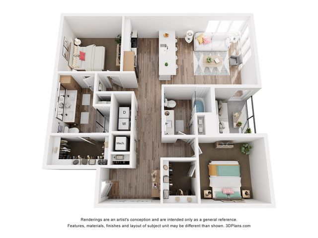 Modern 3D floor plan showcasing a spacious two-bedroom apartment with open-concept living area, sleek kitchen island, two bathrooms, and sunlit living room with large windows.