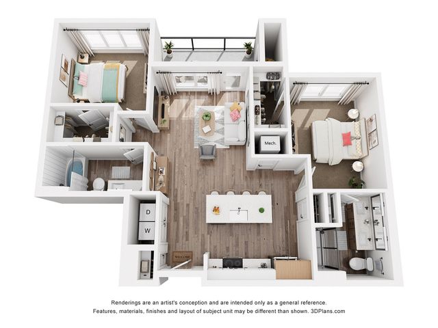 Modern 3D floor plan showcasing an open-concept living space with two cozy bedrooms, a sleek kitchen with island seating, and two stylish bathrooms. Includes natural light-filled living area and convenient in-unit laundry.