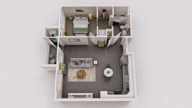 Chic 3D floor plan showcasing a spacious one-bedroom apartment with an open-concept living and dining area, modern kitchen, and cozy balcony.