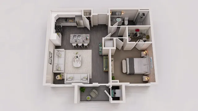 Elegant floor plan featuring a cozy living room, modern kitchen with island seating, spacious bedroom with walk-in closet, and a stylish bathroom.