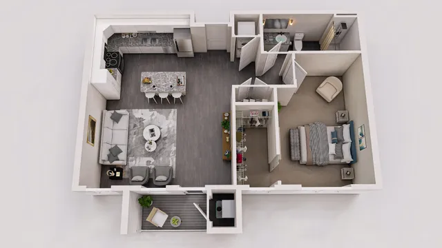 Elegant apartment layout featuring a spacious bedroom, modern kitchen with an island, and cozy living room. Includes a sleek bathroom and ample closet space.