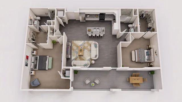 Modern open-concept floor plan featuring 2 spacious bedrooms, elegant living area, contemporary kitchen with island, and inviting outdoor patio.