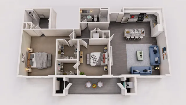 Modern 3D floor plan featuring 2 spacious bedrooms, an open living area, chic kitchen with bar seating, and a cozy balcony.