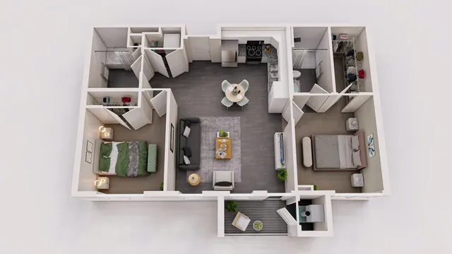 Modern apartment floor plan showcasing two cozy bedrooms, open-concept living room, sleek kitchen, and private balcony.