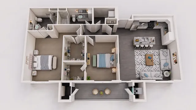 Modern 3D floor plan showcasing two elegant bedrooms, a stylish open-concept kitchen with bar seating, a cozy living area, and a spacious balcony for outdoor enjoyment.