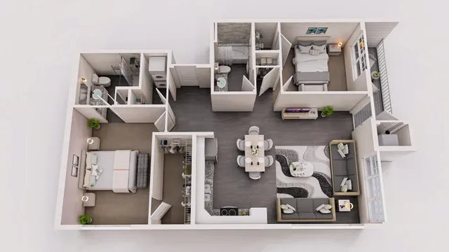 Modern open-concept floor plan showcasing 2 bedrooms, a stylish living room, and a contemporary dining area with an adjacent kitchen. Includes two bathrooms and a cozy balcony, perfect for relaxation.