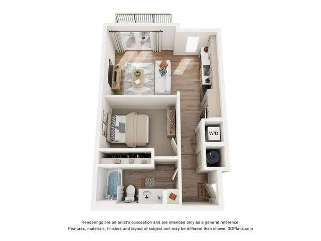 Chic apartment floor plan showcasing one bedroom, open-concept living area with balcony access, modern kitchen, and in-unit laundry.