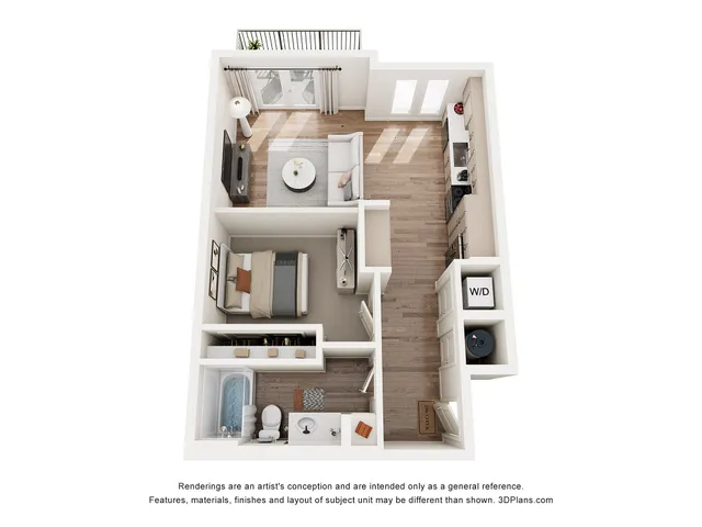 Modern 3D floor plan showcasing an airy one-bedroom apartment with an open living area, sleek kitchen, and a private balcony.