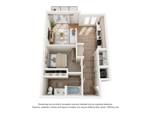 Chic 3D floor plan showcasing a cozy one-bedroom apartment with a modern living room, compact kitchen, and inviting balcony.