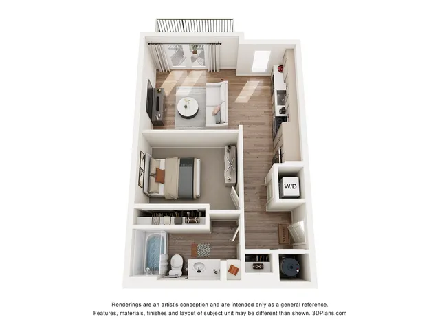 Modern 3D floor plan featuring an inviting living area with balcony access, cozy bedroom, well-equipped kitchen, and a stylish bathroom. Includes in-unit laundry for added convenience.
