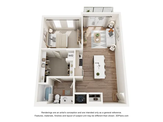 Modern 3D floor plan showcasing a cozy 1-bedroom apartment with a sleek open-concept kitchen and living area, spacious walk-in closet, and elegant bathroom. Perfect for urban living.
