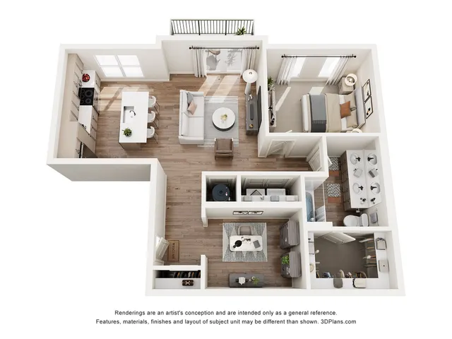 Modern 3D floor plan featuring a cozy living room, sleek kitchen with island seating, 1 bedroom, and a spacious bathroom.