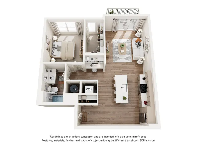 Modern 3D floor plan showcasing a chic apartment with 1 bedroom, elegant open-concept kitchen, and a bright living area opening to a balcony.