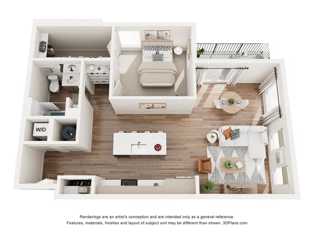 Modern 3D floor plan showcasing a cozy one-bedroom apartment with open living space, stylish kitchen island, and inviting balcony access.