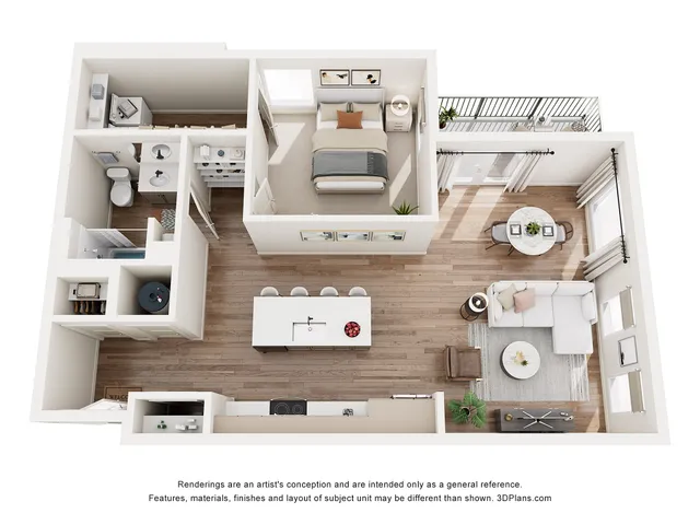 Chic 3D floor plan featuring a cozy one-bedroom layout with a modern kitchen, elegant bathroom, and inviting living area with a balcony view.