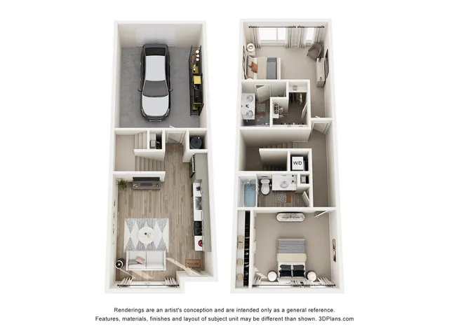 Contemporary two-story floor plan showcasing a sleek garage, open-plan living area with modern kitchen, cozy living room, and inviting sleeping quarters on the upper level. Includes two spacious bedrooms and two bathrooms, providing comfort and style.