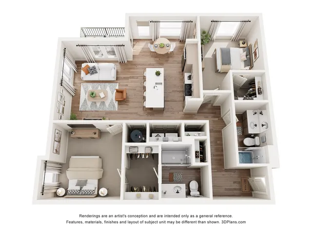 Contemporary 3D floor plan showcasing 2 bedrooms, open-concept living area with stylish kitchen, and two modern bathrooms.