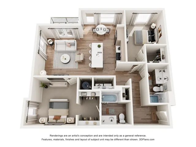 Modern 3D floor plan showcasing an open-concept living area with two bedrooms, a stylish kitchen, and two bathrooms, perfect for comfortable urban living.