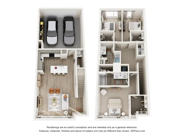 Modern 3D floor plan showcasing a luxurious two-story apartment with two spacious bedrooms, two bathrooms, an open-concept kitchen and living area, and a convenient two-car garage.
